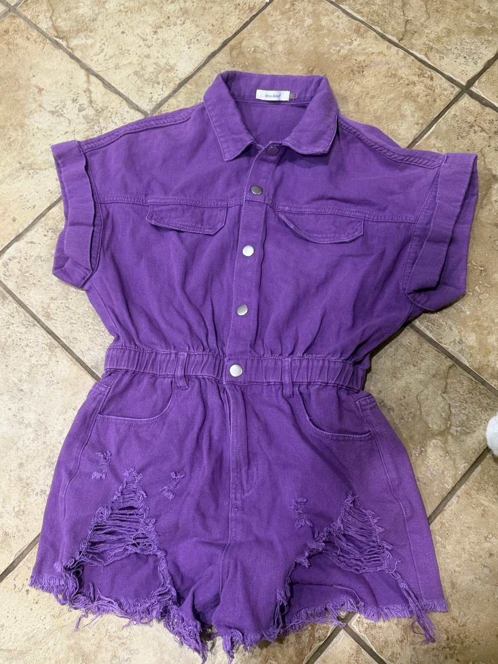 idem ditto Purple Denim Romper Womens M Distressed Cutoff Short Sleeve Snap